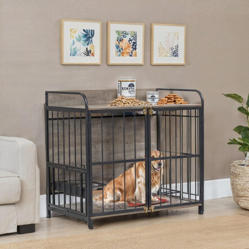 39'' Indoor Metal Dog Crate with Double Doors and Adjustable Feeder Stand, Wooden Side End Table Crate, Dog Crate Furniture，Heavy Duty Dog Crate Indoor Furniture, Pet Cage for Medium Doge,Gray - Image 2