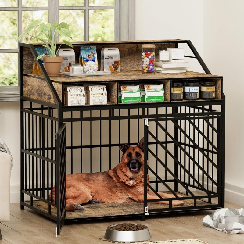 Large Furniture Dog Crate, Dog Kennel Indoor, Wooden Dog Crate with Divider, Three Drawers Storages, Heavy Duty Dog Crate, Sturdy Metal, 43.31" L×27.56" W×42.52" H, Rustic Brwon