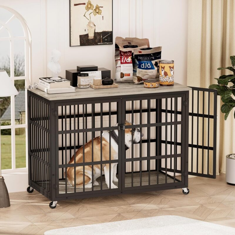 Dog Crate Furniture, Wrought Iron Frame Door with Side Openings, 39" Dog House with Flip-up Top Opening and Side Opening, Home and Indoor Use（Grey）