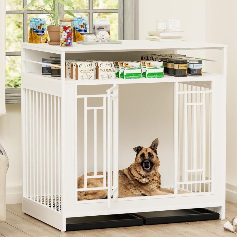 Heavy-Duty Wooden Dog Crate Furniture with Storage & Divider - Ideal for Large & Medium Dogs - Easy Assembly, White.43.3 inch Dog Crate Furniture for Large Dogs.