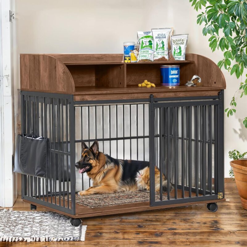 ZSQ 44'' Heavy Duty Large Dog Crate Furniture for Large Medium Dog with Lockable Wheels, Wooden Dog Crate Dog Kennel, End Table Crate (Brown) - Image 9