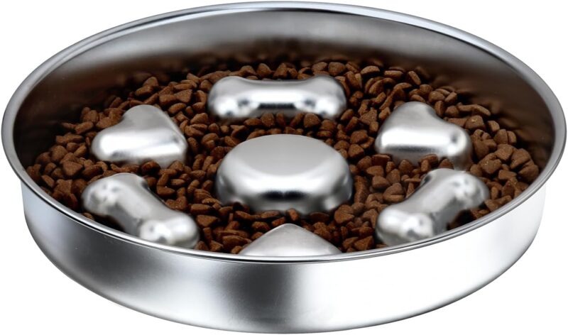 Slow Feeder Dog Bowls, Non-Slip Metal Dog Food Bowls, 304 Stainless Steel Dog Water Bowl, Double-Sided Heart and Bones Design Dog Slow Feeder Bowl for Small Medium Large Dogs