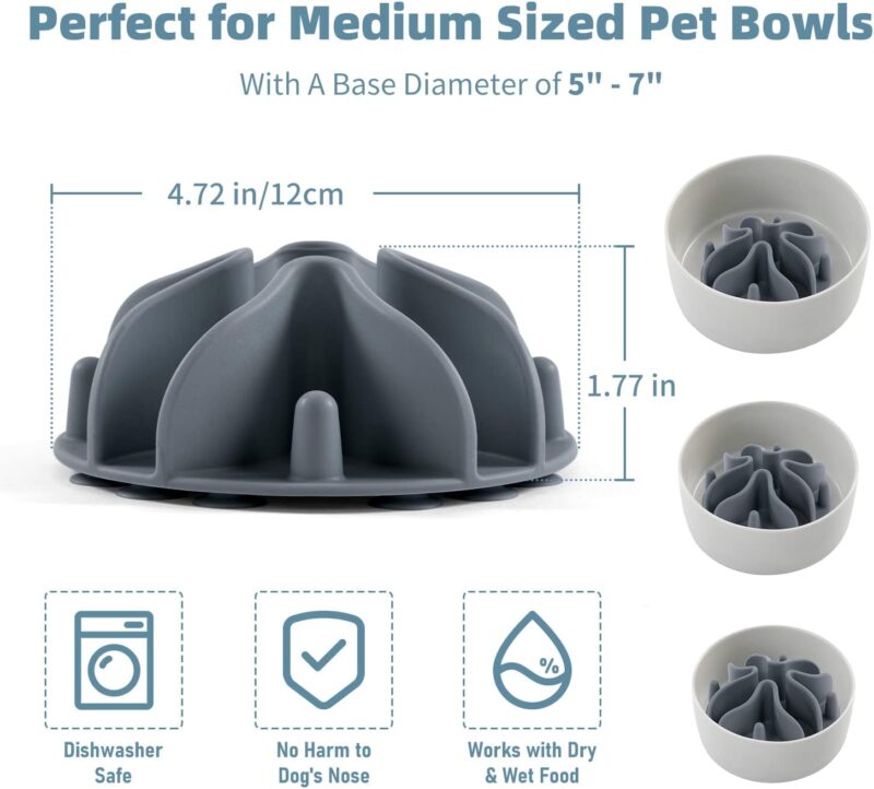 Jaoul Slow Feeder Dog Bowls Insert, Puzzle Slow Feeder with Octopus Suction Cups for Small Medium Large Size Dog Bowls (Medium(4.72 inch), Grey) - Image 4