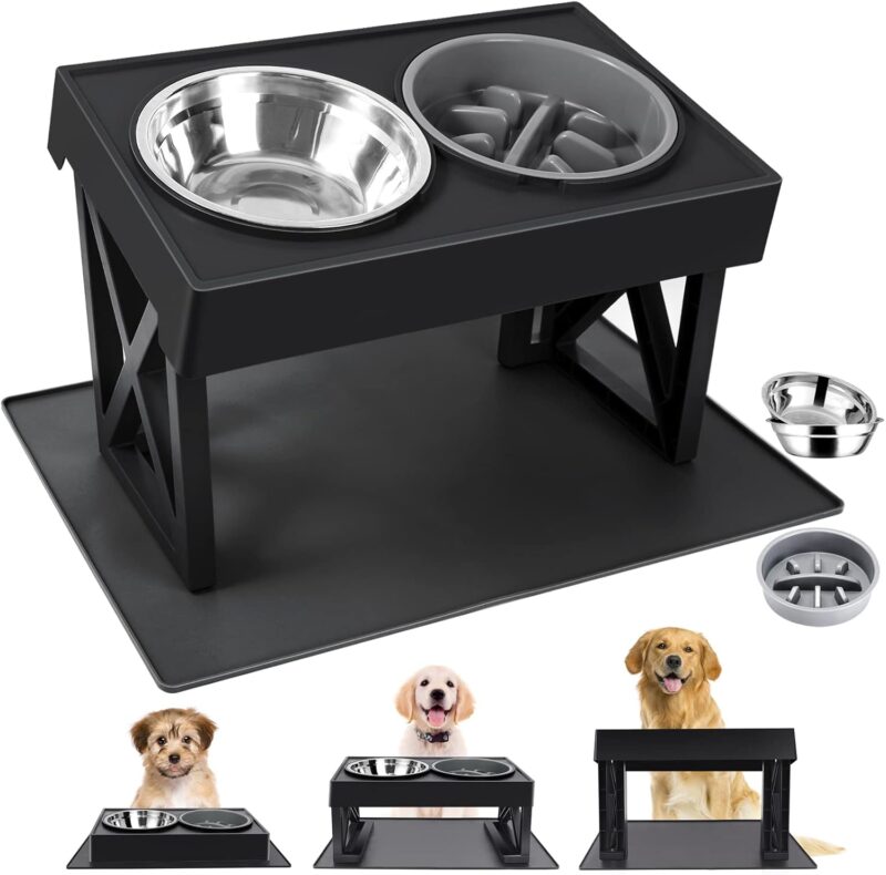 MADDEMCUTE Dog Bowl Stand with Mat 3 Adjustable Heights,10° Tilted Elevated Dog Bowls with 1 Slow Feeder Dog Bowl & 2 Stainless Steel Dog Bowls for Small Medium Large Breed