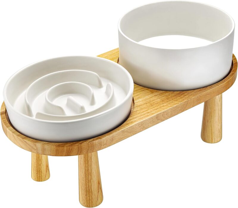 Ceramic Slow Feeder Dog Bowl and Water Bowl Set for Medium and Large Breed, Ceramic Dog Bowls Elevated with Wooden Stand, 2.0 Cups Dog Slow Feeder(30oz) and 70oz Water Bowl Set, White