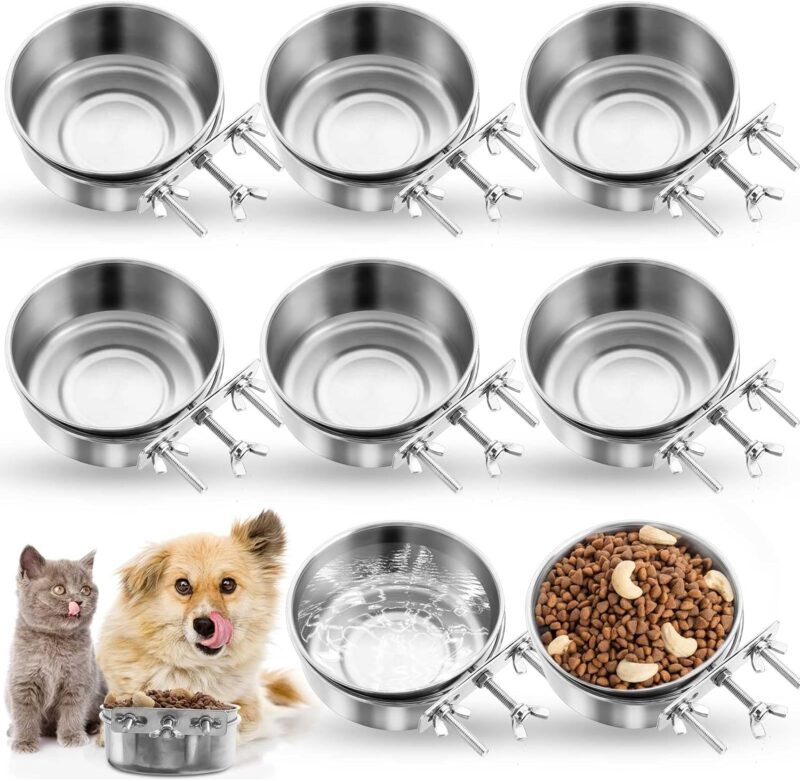 8 Pcs Dog Crate Water Bowl Stainless Steel Kennel Bowls Bulk Hanging Cage Dog Bowls with Clamp Holder Non Spill Pet Food Bowl Metal Feeder for Cat Dog Bird (4.72 x 1.97 Inch)