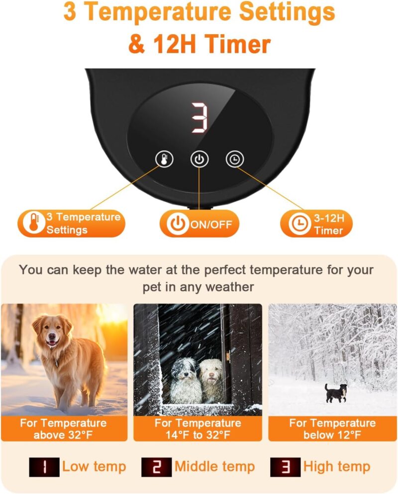 Heated Water Bowl for Dog & Cat, 3 Temperature Settings & 12H Timer, Outdoor Heated Pet Bowl with BPA-Free and 50oz Removable Stainless Steel Bowl, Anti-Chew Cord, for Chickens, Ducks, Birds - Image 4