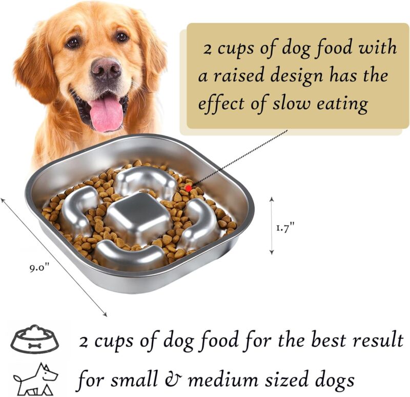 Slow Feeder Dog Bowl, 2 Cups Stainless Steel Metal Pet Food Bowls, Dog Cat Food Bowls Can Slows Down Pets Eating Suitable for Small & Medium Sized Dog - Image 2