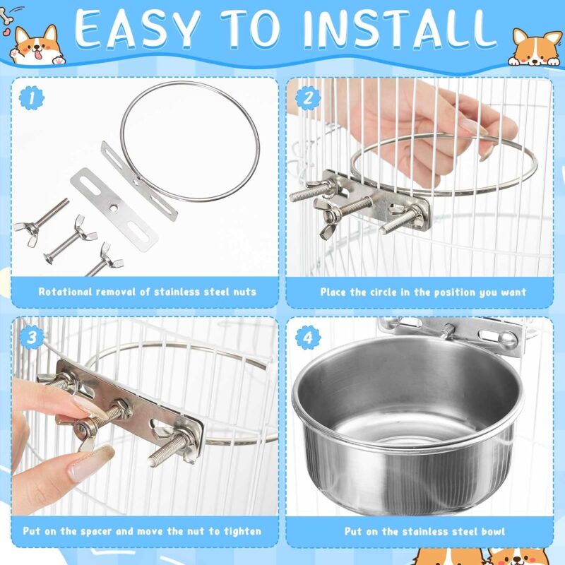 8 Pcs Dog Crate Water Bowl Stainless Steel Kennel Bowls Bulk Hanging Cage Dog Bowls with Clamp Holder Non Spill Pet Food Bowl Metal Feeder for Cat Dog Bird (4.72 x 1.97 Inch) - Image 5