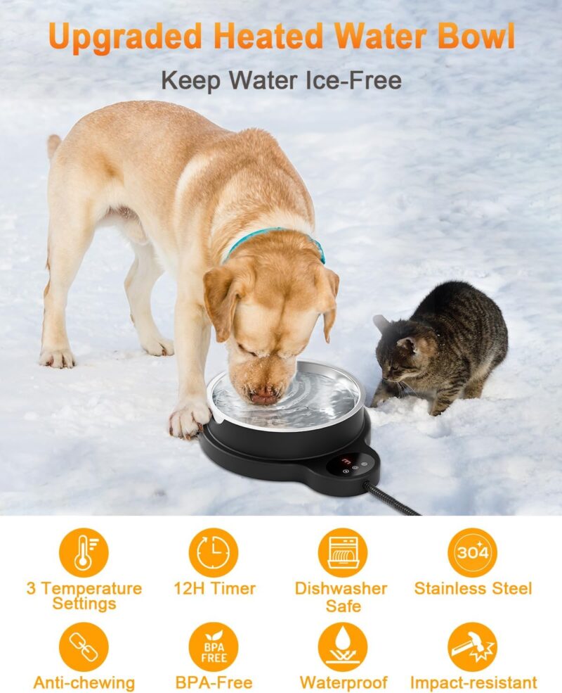 Heated Water Bowl for Dog & Cat, 3 Temperature Settings & 12H Timer, Outdoor Heated Pet Bowl with BPA-Free and 50oz Removable Stainless Steel Bowl, Anti-Chew Cord, for Chickens, Ducks, Birds - Image 2