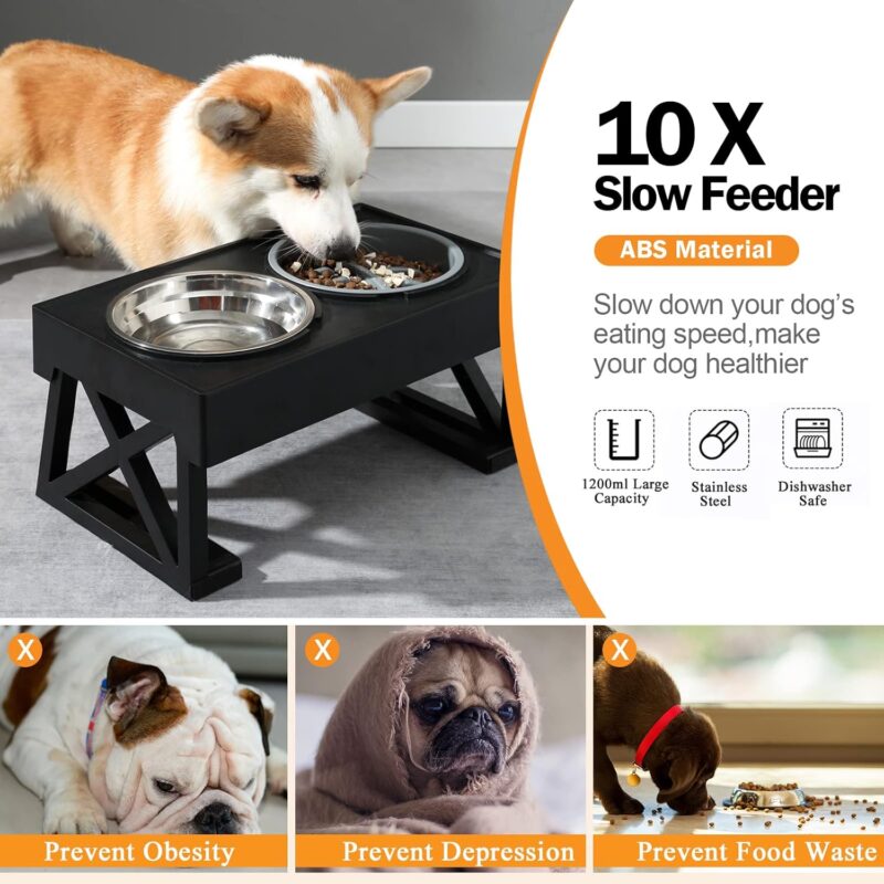 MADDEMCUTE Dog Bowl Stand with Mat 3 Adjustable Heights,10° Tilted Elevated Dog Bowls with 1 Slow Feeder Dog Bowl & 2 Stainless Steel Dog Bowls for Small Medium Large Breed - Image 3