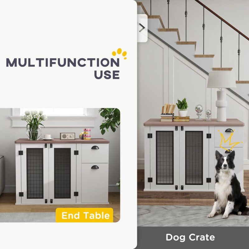 PawHut Dog Crate Furniture, 44" Dog Kennel Furniture End Table with Double Door, Storage, Drawer, Indoor Furniture Style Dog Cage for Medium Dogs, White - Image 4