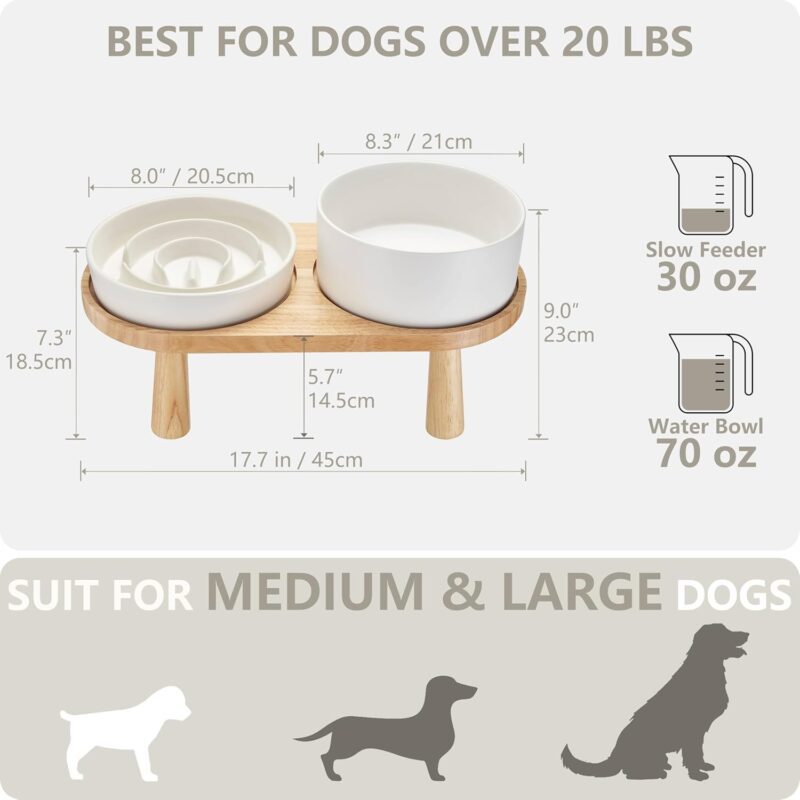 Ceramic Slow Feeder Dog Bowl and Water Bowl Set for Medium and Large Breed, Ceramic Dog Bowls Elevated with Wooden Stand, 2.0 Cups Dog Slow Feeder(30oz) and 70oz Water Bowl Set, White - Image 3