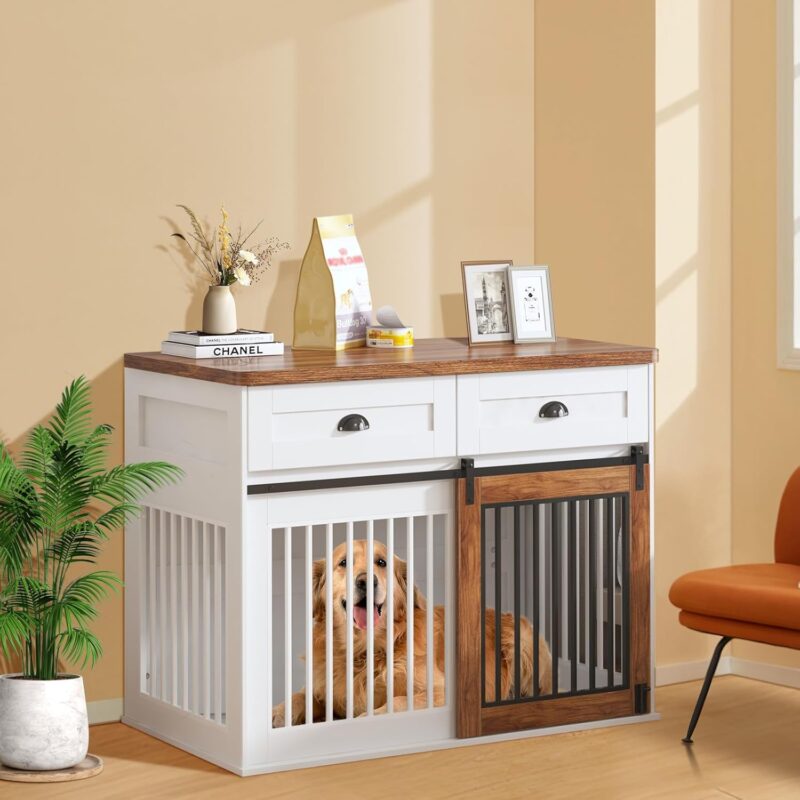 44 Inch Wooden Dog Crate Furniture, Indoor Dog Kennel Furniture with Slide Barn Doors, Furniture Style Dog Cage with 2 Drawers, Decorative Dog Crate Table, for Large Dogs, Medium Dogs, White