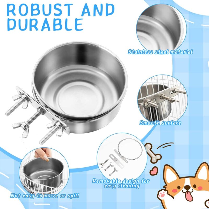 8 Pcs Dog Crate Water Bowl Stainless Steel Kennel Bowls Bulk Hanging Cage Dog Bowls with Clamp Holder Non Spill Pet Food Bowl Metal Feeder for Cat Dog Bird (4.72 x 1.97 Inch) - Image 3