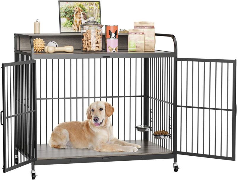 GAOMON Dog Crate Furniture, Dog Crate Indoor with Adjustable Height Bowls, Wooden Heavy Duty, 39.8 Inch Dog Kennel Furniture for Medium Dogs, 39.8" L X 22.5" W X 38.6" H,Grey