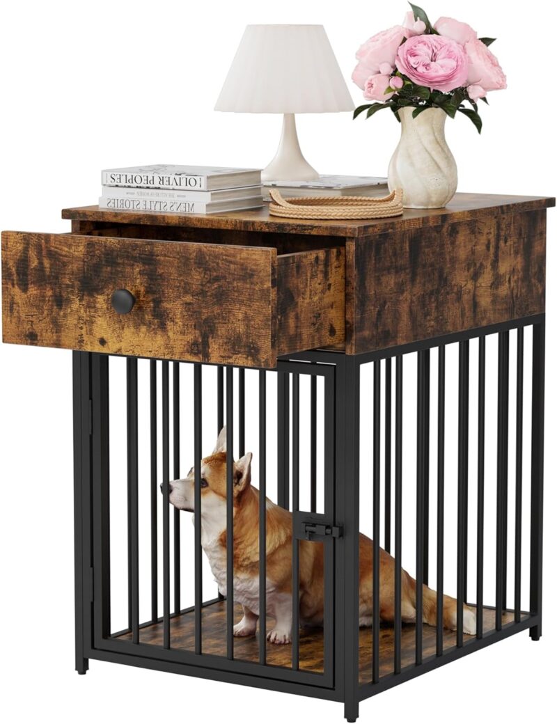 Dog Crate Furniture, Wooden Dog Crate End Table with Storage Drawer, Dog Kennel Indoor for Small Dog, Decorative Dog Crate Pet House (Brown)