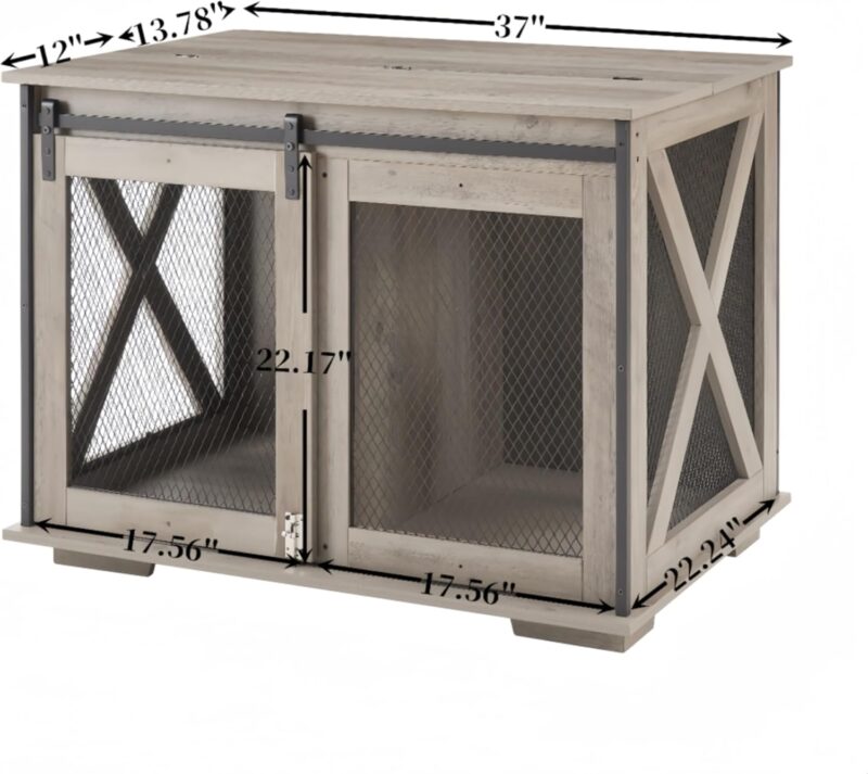Farmhouse Dog Cage Crate Furniture with Sliding Barn Door, Wooden Dog Kennel End Table, Flip-Top Plate, Detachable Divider, Pet House for Small/Medium/Large Dogs,37"L x 22.24"W x 22.17"H (Gray Wash) - Image 9