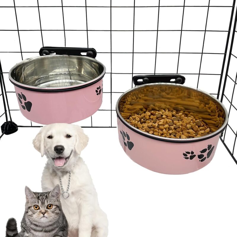 Dog Crate Food and Water Bowl 2Pcs Small Pet Hanging Kennel Removable Water Dish Feeding Cup No Spill with Holder for Medium Large Size Dog Puppy (Pink, 5.5''X2.3''&6.3‘’X2.5'')