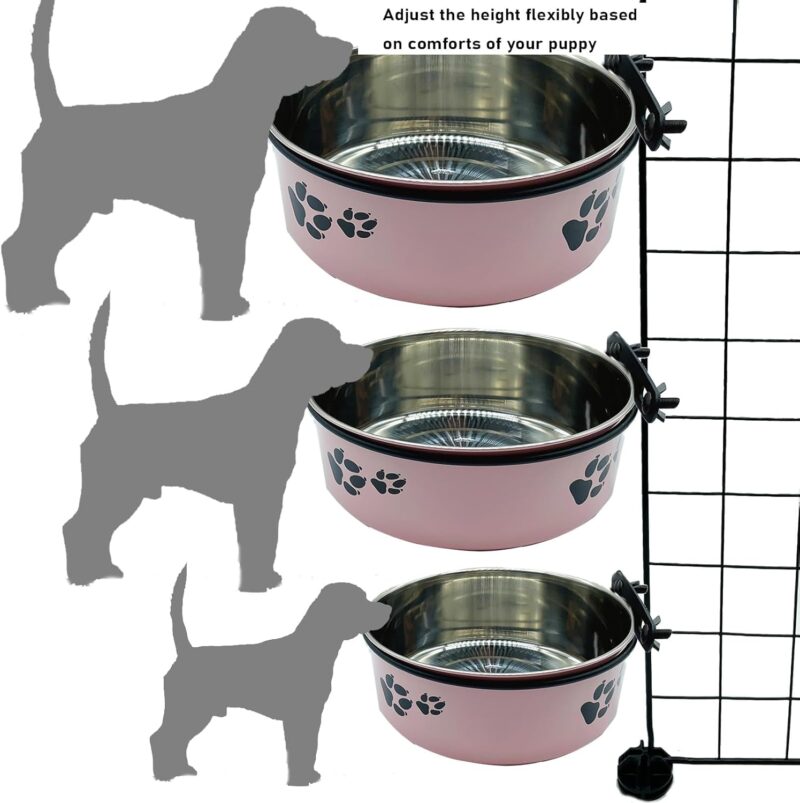 Dog Crate Food and Water Bowl 2Pcs Small Pet Hanging Kennel Removable Water Dish Feeding Cup No Spill with Holder for Medium Large Size Dog Puppy (Pink, 5.5''X2.3''&6.3‘’X2.5'') - Image 3