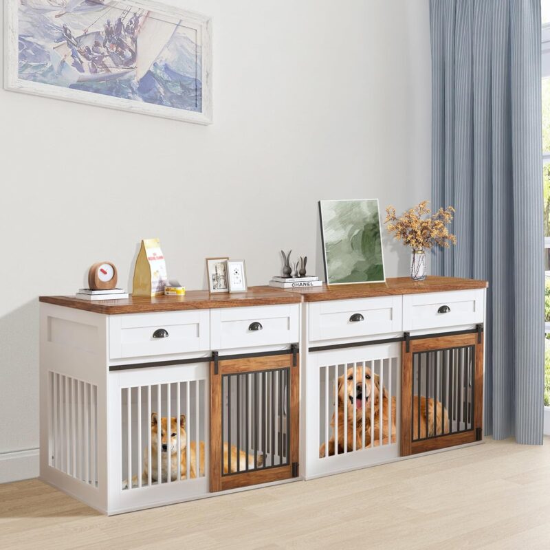 44 Inch Wooden Dog Crate Furniture, Indoor Dog Kennel Furniture with Slide Barn Doors, Furniture Style Dog Cage with 2 Drawers, Decorative Dog Crate Table, for Large Dogs, Medium Dogs, White - Image 6