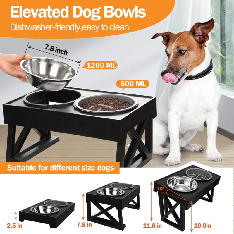 MADDEMCUTE Dog Bowl Stand with Mat 3 Adjustable Heights,10° Tilted Elevated Dog Bowls with 1 Slow Feeder Dog Bowl & 2 Stainless Steel Dog Bowls for Small Medium Large Breed - Image 2