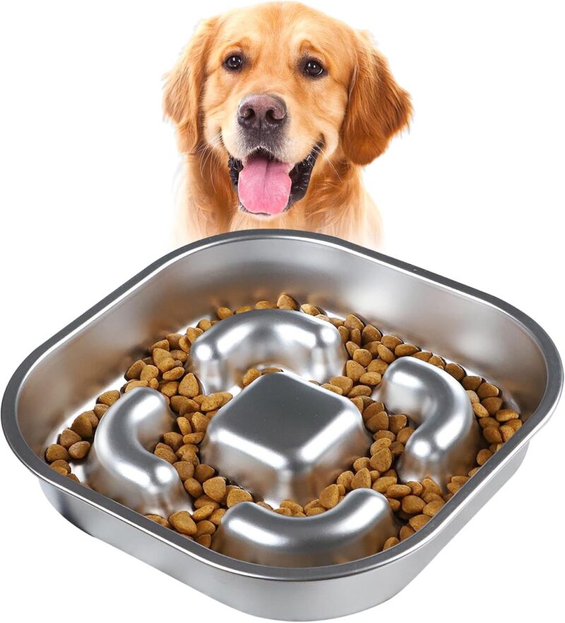 Slow Feeder Dog Bowl, 2 Cups Stainless Steel Metal Pet Food Bowls, Dog Cat Food Bowls Can Slows Down Pets Eating Suitable for Small & Medium Sized Dog