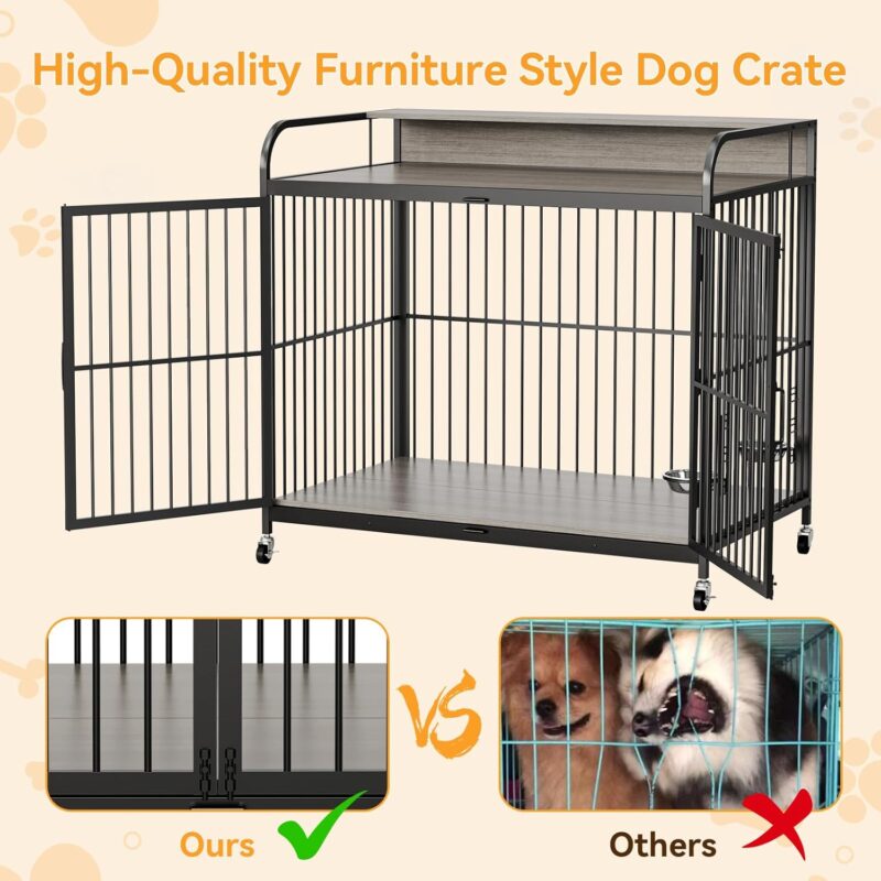 GAOMON Dog Crate Furniture, Dog Crate Indoor with Adjustable Height Bowls, Wooden Heavy Duty, 39.8 Inch Dog Kennel Furniture for Medium Dogs, 39.8" L X 22.5" W X 38.6" H,Grey - Image 5