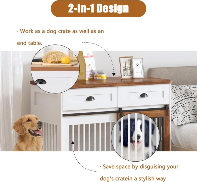 44 Inch Dog Crate Furniture for Large Medium Dogs, Wooden Heavy Duty Dog Kennel with Double Doors, Decorative Pet House Dog Cage Side End Table Indoor, Chew-Resistant - Image 2