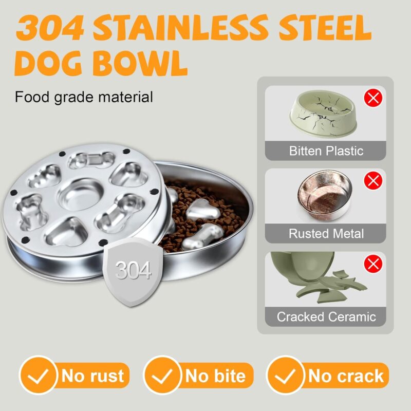 Slow Feeder Dog Bowls, Non-Slip Metal Dog Food Bowls, 304 Stainless Steel Dog Water Bowl, Double-Sided Heart and Bones Design Dog Slow Feeder Bowl for Small Medium Large Dogs - Image 6