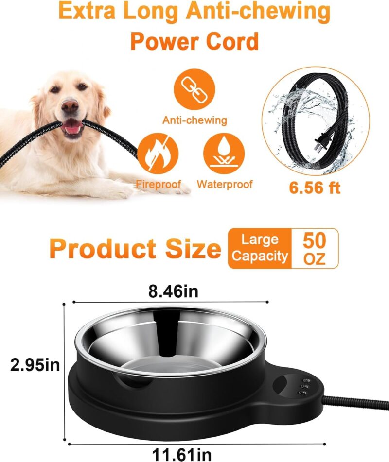 Heated Water Bowl for Dog & Cat, 3 Temperature Settings & 12H Timer, Outdoor Heated Pet Bowl with BPA-Free and 50oz Removable Stainless Steel Bowl, Anti-Chew Cord, for Chickens, Ducks, Birds - Image 6