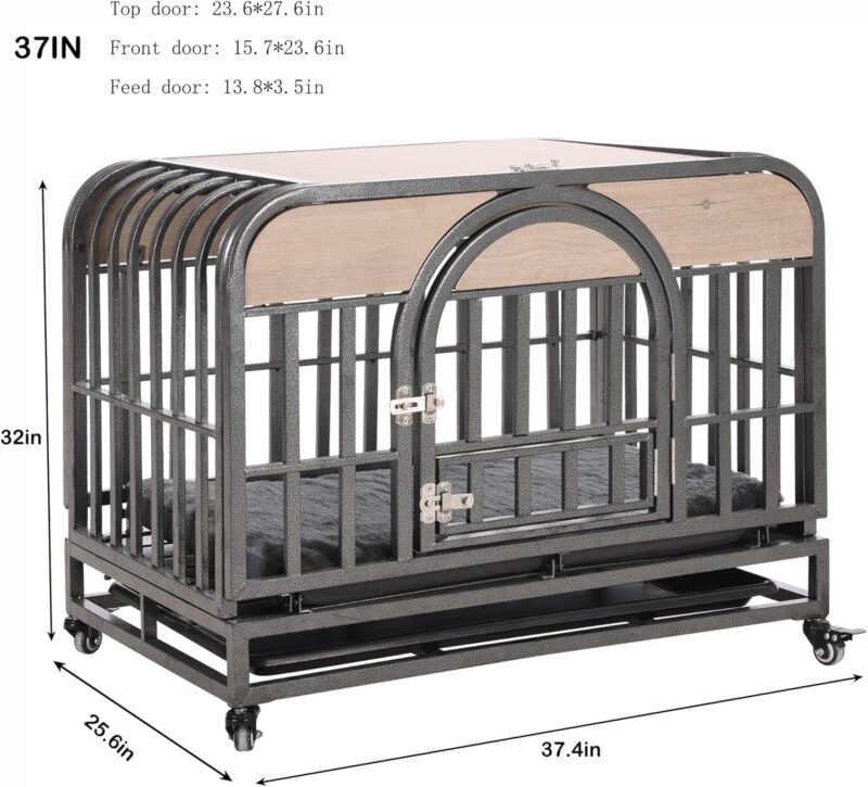 Dog Crate - 37in Heavy Duty. Furniture-Style Wood Pet Kennel with Removable Trays and Wheels. Gray Color - Image 5