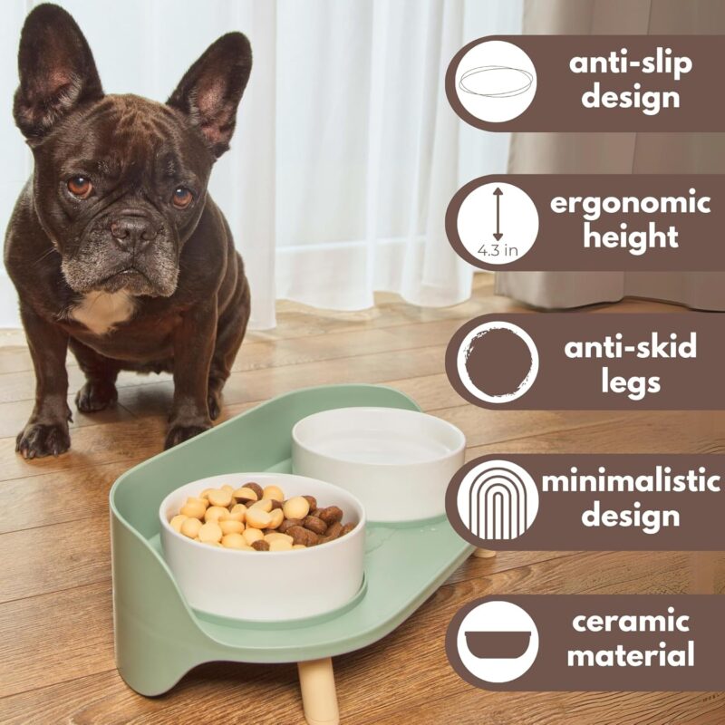 A4DOG Ceramic Dog Bowls with Stand - Elevated Dog Water and Food Bowl Set 13.5oz Cat & Dog Feeding Station Spill Proof Splash Proof Raised Pet Food Bowls for Dogs, No Mess Pet Feeder - Green - Image 2