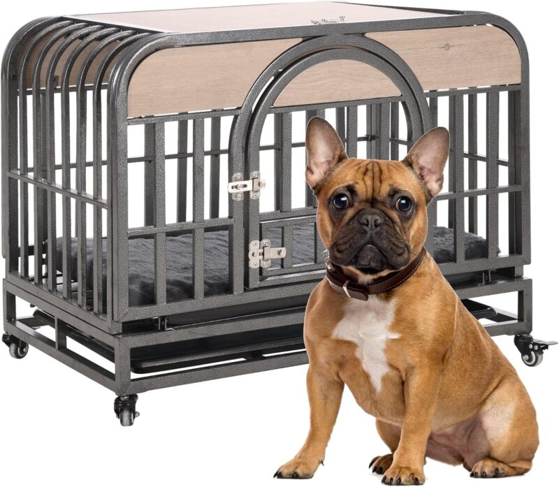 Dog Crate - 37in Heavy Duty. Furniture-Style Wood Pet Kennel with Removable Trays and Wheels. Gray Color