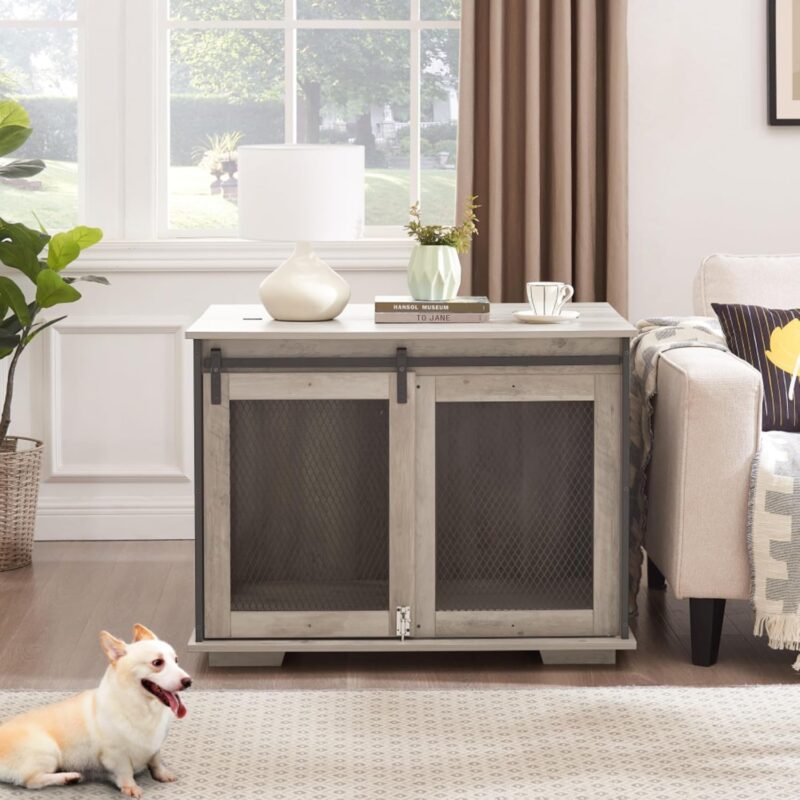 Farmhouse Dog Cage Crate Furniture with Sliding Barn Door, Wooden Dog Kennel End Table, Flip-Top Plate, Detachable Divider, Pet House for Small/Medium/Large Dogs,37"L x 22.24"W x 22.17"H (Gray Wash) - Image 8