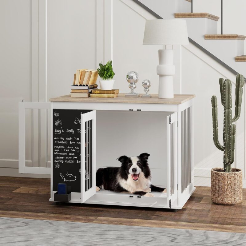 PawHut Dog Crate Furniture with Chalkboard, 39" Furniture Style Dog Kennel for Large Dogs with Three Doors & Non-slip Foot Pads, Dog Cage Furniture Side Table, White - Image 2