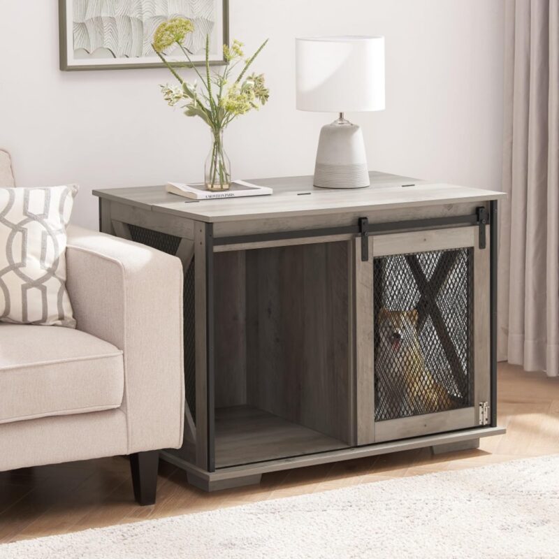 Farmhouse Dog Cage Crate Furniture with Sliding Barn Door, Wooden Dog Kennel End Table, Flip-Top Plate, Detachable Divider, Pet House for Small/Medium/Large Dogs,37"L x 22.24"W x 22.17"H (Gray Wash) - Image 2