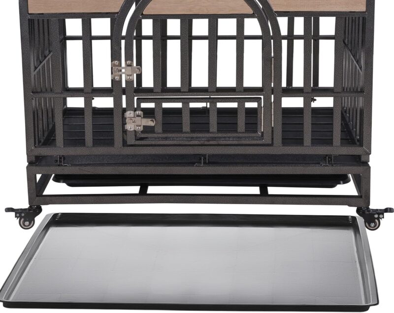 Dog Crate - 37in Heavy Duty. Furniture-Style Wood Pet Kennel with Removable Trays and Wheels. Gray Color - Image 7