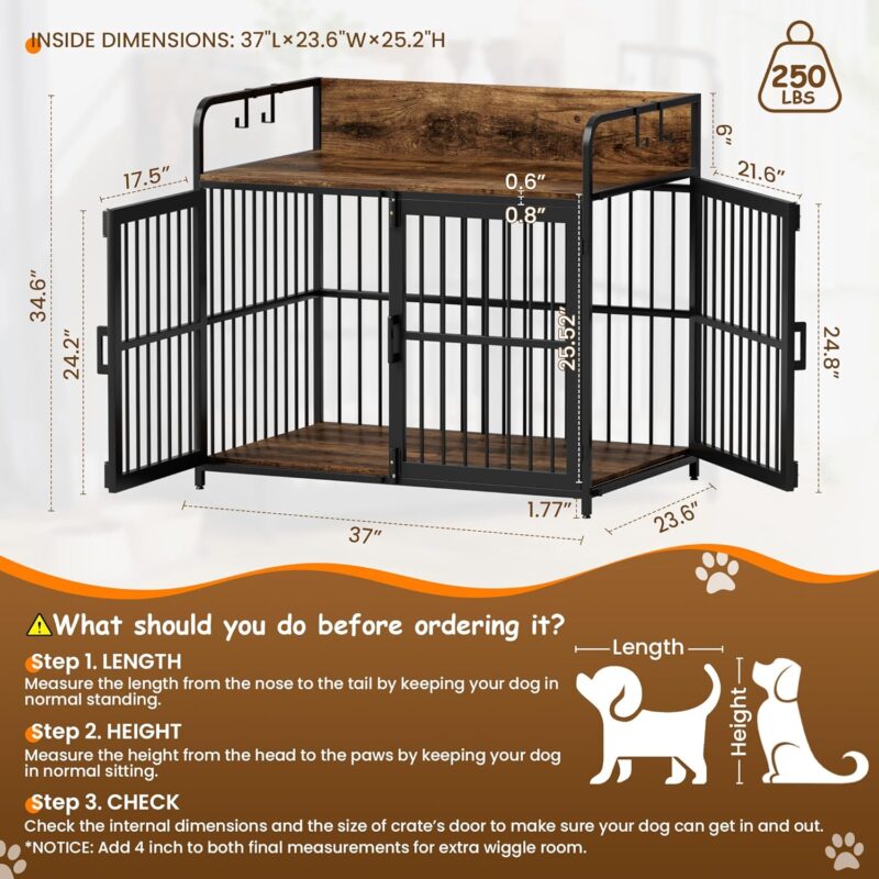 Dog Crate Furniture,37" Large Dog Crates for Medium & Small Dogs Heavy Duty Dog Kennel with Double Doors, Wooden Decorative Pet House Side End Table - Image 6