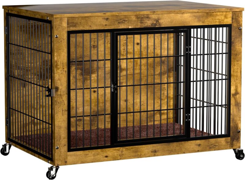 Dog Crate Furniture with Cushion, 38 Inch Dog Kennel Furniture with Wheels, Heavy Duty Large Dog Crate Furniture, Brown Double Doors Large Dog Kennel Indoor, Dog Cage & Crate Furniture for Large Dogs