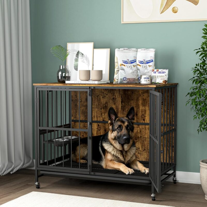 Heavy-Duty Dog Crate with Removable Tray, Double Door, Sliding Tray, 360° Rotating Wheels