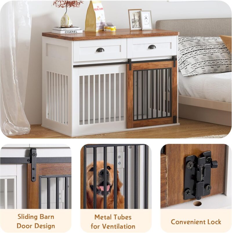 44 Inch Dog Crate Furniture for Large Medium Dogs, Wooden Heavy Duty Dog Kennel with Double Doors, Decorative Pet House Dog Cage Side End Table Indoor, Chew-Resistant - Image 7