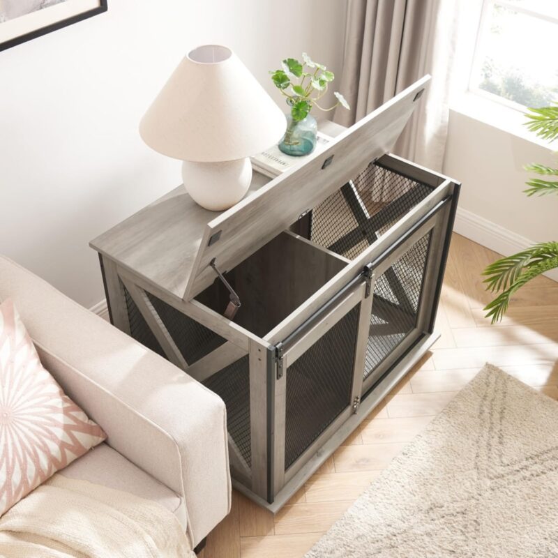 Farmhouse Dog Cage Crate Furniture with Sliding Barn Door, Wooden Dog Kennel End Table, Flip-Top Plate, Detachable Divider, Pet House for Small/Medium/Large Dogs,37"L x 22.24"W x 22.17"H (Gray Wash) - Image 6