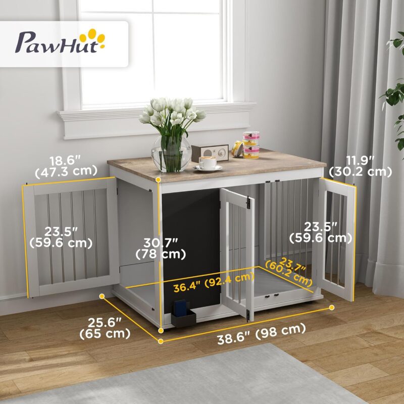 PawHut Dog Crate Furniture with Chalkboard, 39" Furniture Style Dog Kennel for Large Dogs with Three Doors & Non-slip Foot Pads, Dog Cage Furniture Side Table, White - Image 5