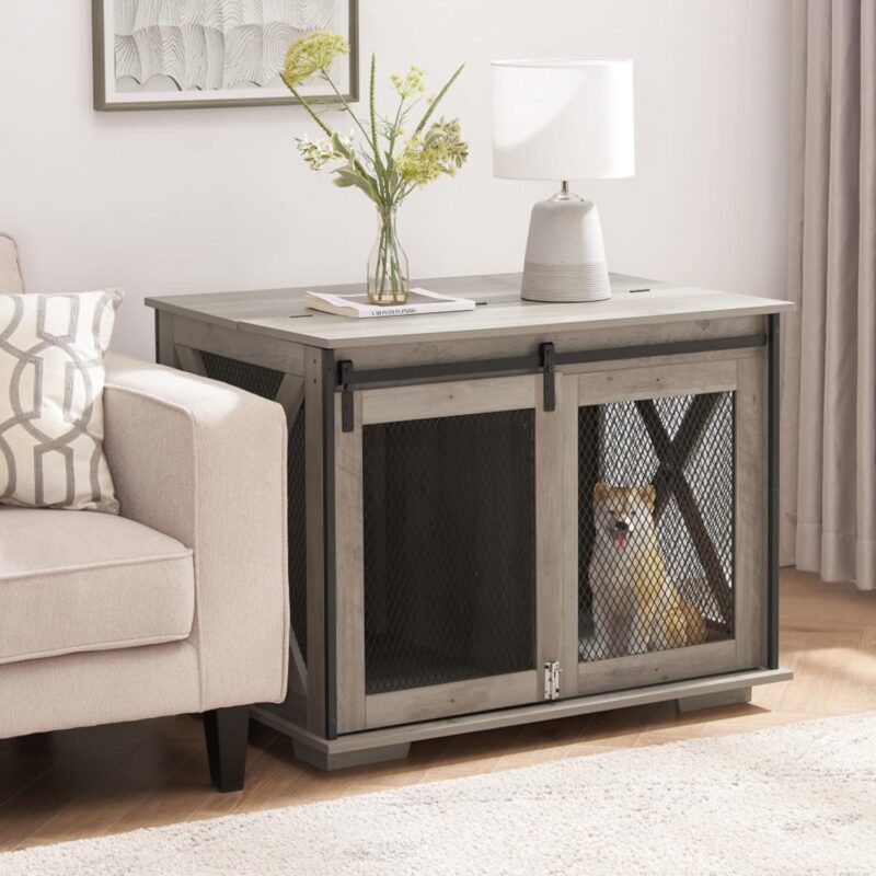 Farmhouse Dog Cage Crate Furniture with Sliding Barn Door, Wooden Dog Kennel End Table, Flip-Top Plate, Detachable Divider, Pet House for Small/Medium/Large Dogs,37"L x 22.24"W x 22.17"H (Gray Wash) - Image 5