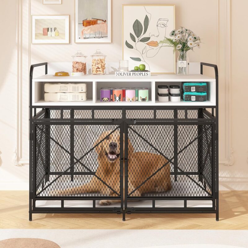 Waleaf Dog Crate Furniture, Dog Kennel Furniture for Large Breed, Heavy Duty Dog Cage with Drawers and Adjustable Feet, Decorative Pet House for Indoor Use, 43.5" L×27.6" W×35.6" H (White)