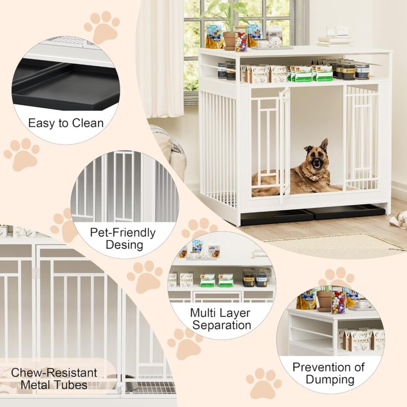 Wooden Dog Crate with Storage Shelves, Drawers and Cushion, White - Image 6