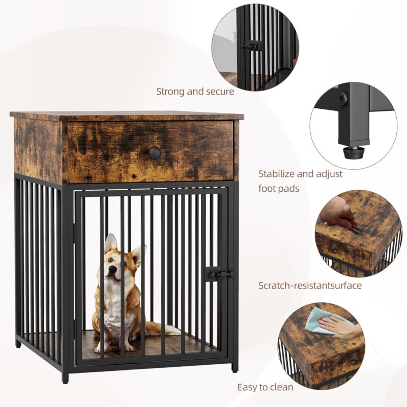 Dog Crate Furniture, Wooden Dog Crate End Table with Storage Drawer, Dog Kennel Indoor for Small Dog, Decorative Dog Crate Pet House (Brown) - Image 5