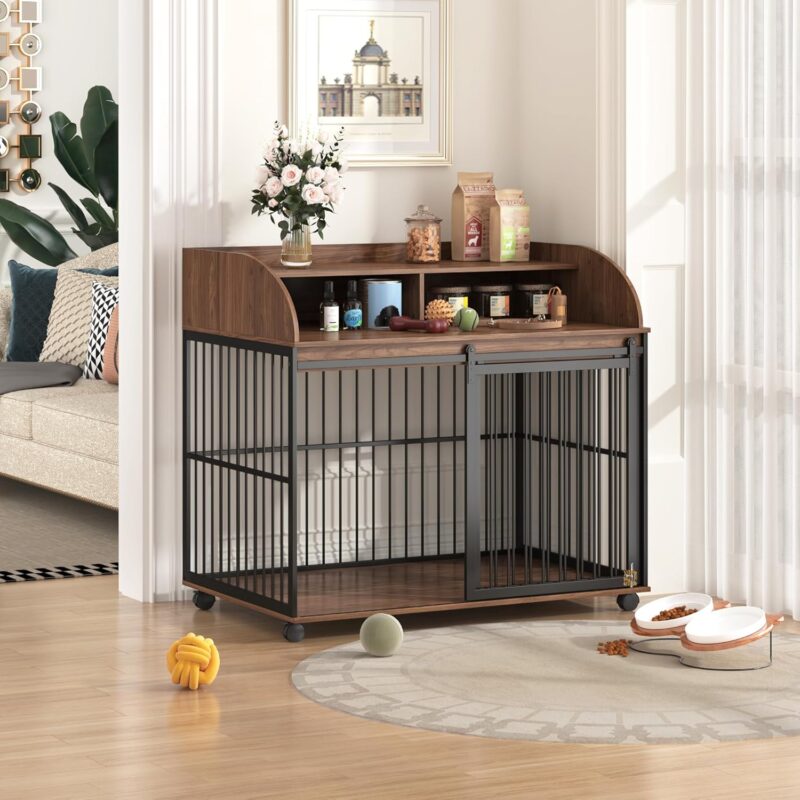 Furniture-Style Dog Crate with Sliding Barn Door, Lockable Wheels, Double Layer Desktop, Heavy Duty Steel Frame, End Table Dog Kennel with Ample Storage for Living Room or Bedroom (Grey,Large)