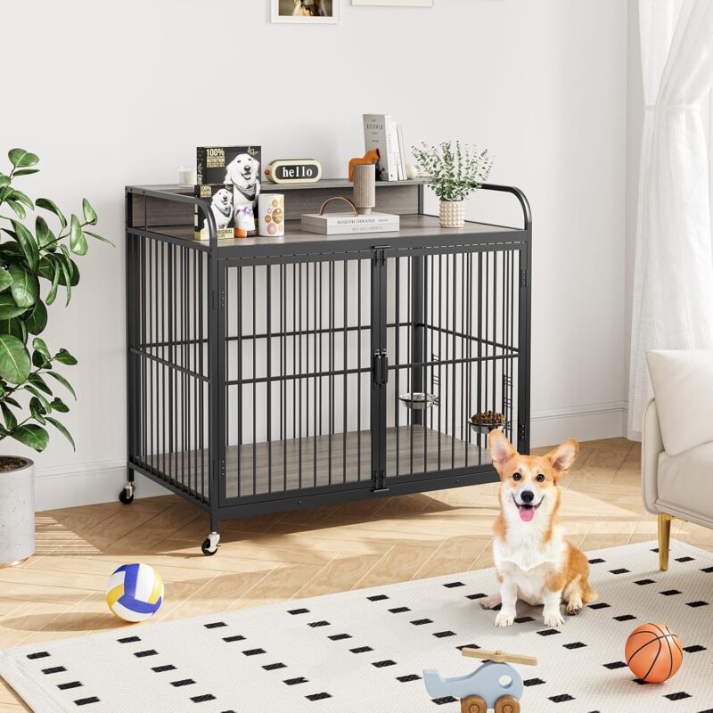 GAOMON Dog Crate Furniture, Dog Crate Indoor with Adjustable Height Bowls, Wooden Heavy Duty, 39.8 Inch Dog Kennel Furniture for Medium Dogs, 39.8" L X 22.5" W X 38.6" H,Grey - Image 4